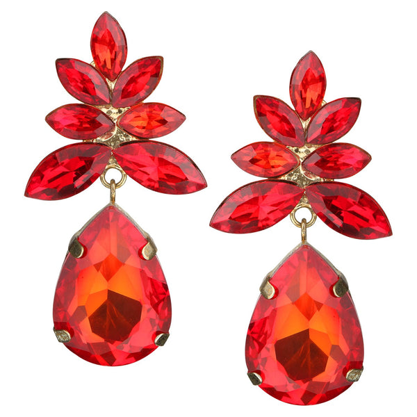 Elegant Red Crystal Drop Earrings – Statement Floral Design for Special Occasions