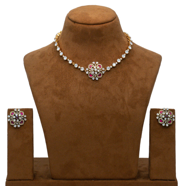 Gold-Plated Floral Necklace Set with Ruby and Cubic Zirconia Accents