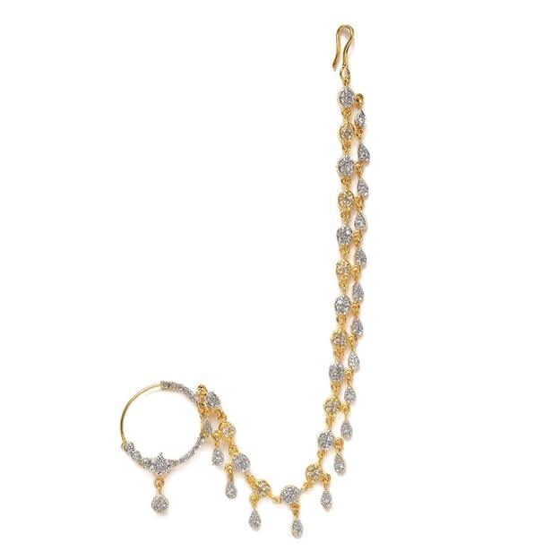 14kt Gold Plated AD Studded Handcrafted Nose Ring With Chain - Trendisia