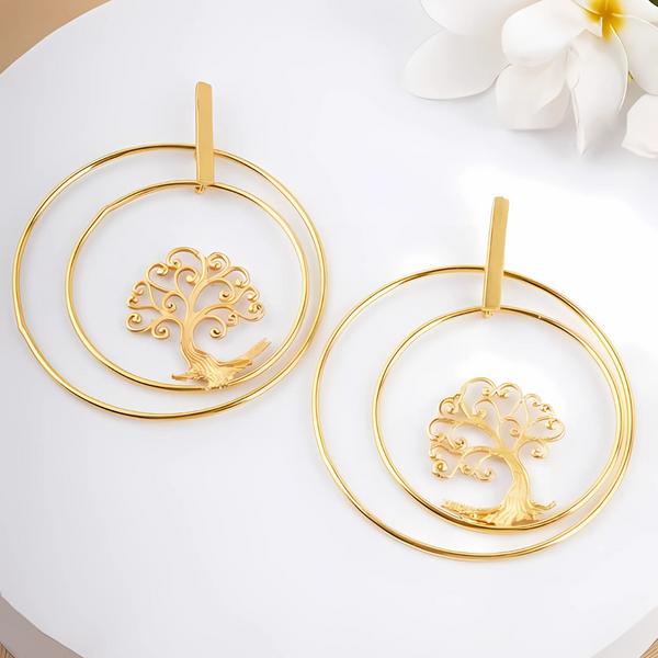 Elegant Gold-Plated Tree of Life Hoop Earrings