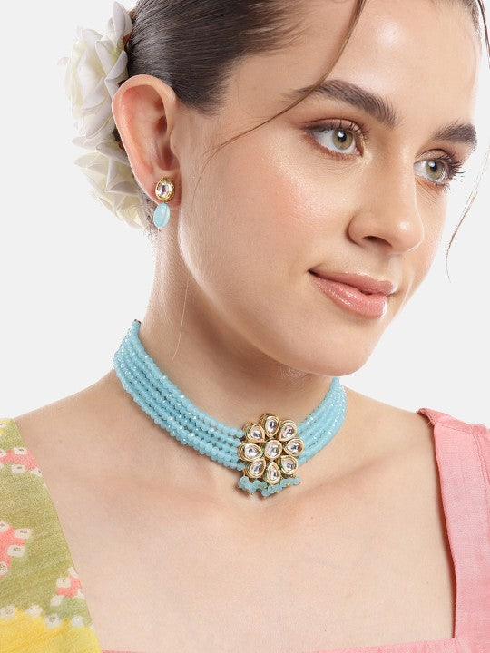 Gold-Plated Kundan & Blue Beaded Choker Necklace Set with Matching Earrings