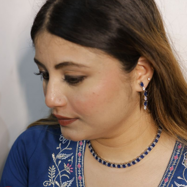Blue Rhodium-Plated AD Studded Jewellery Set