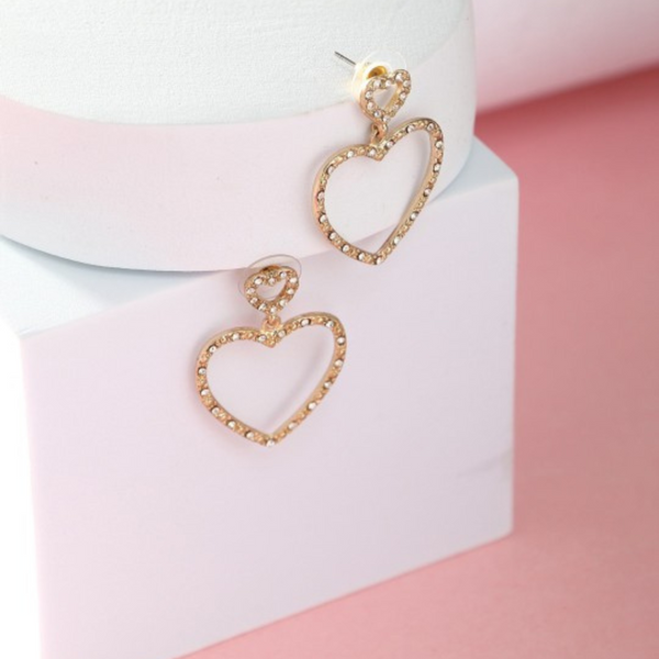 Sparkling Double Heart Gold Dangle Earrings