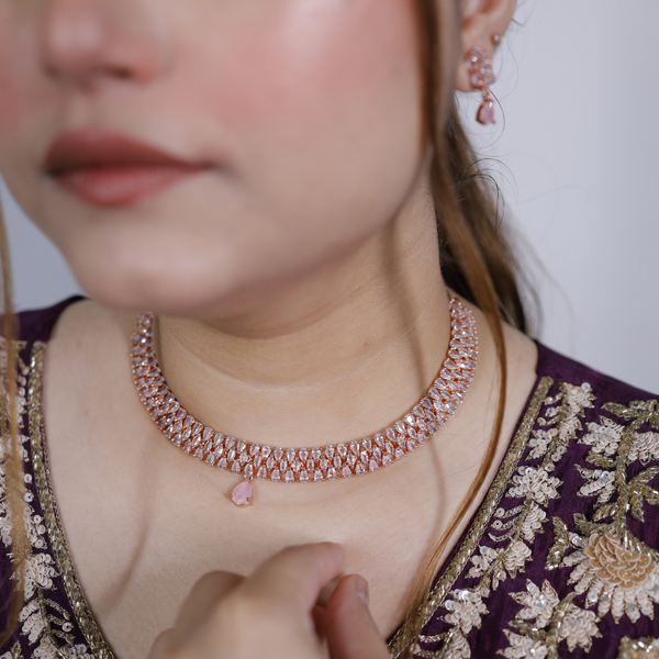 Rose Gold Plated Necklace & Earring Set with Sparkling Stones and Pink Teardrop Accents
