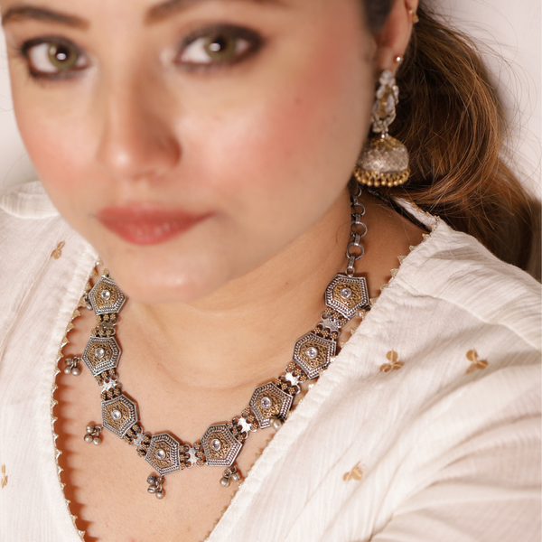German Silver Dual-Tone Studded Jewellery Set