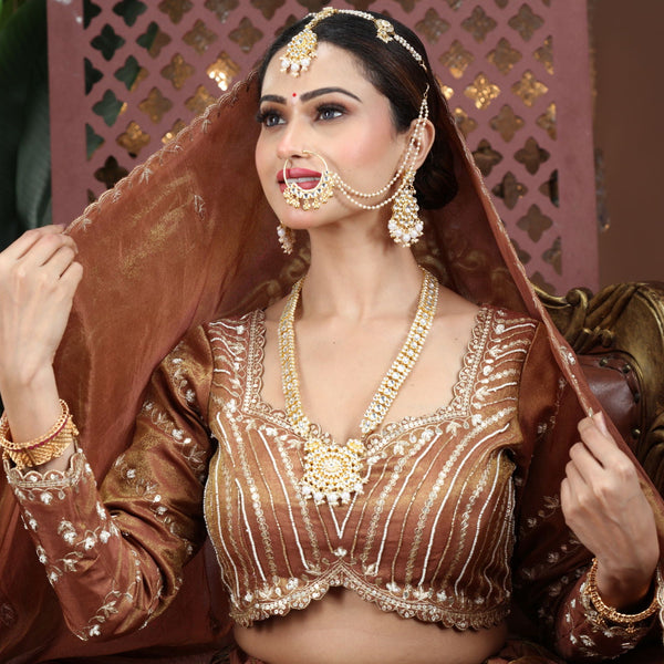 Gold-Plated  White Pachi Kundan and Pearl Studded Jadau Jewe