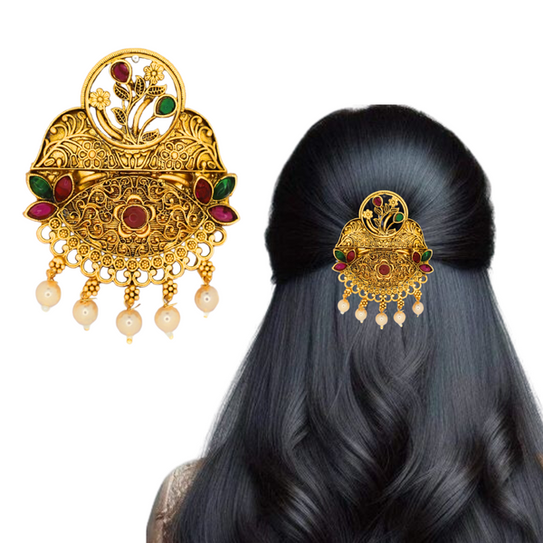 Traditional Temple Design Gold-Plated Hair Barrette Clip with Pearl Dangling Accents