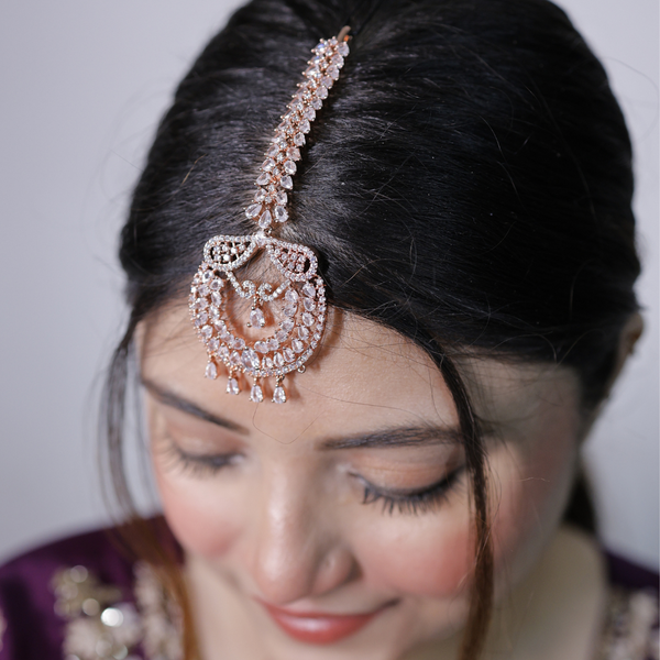 Rose Gold Plated Brass AD Maang Tika