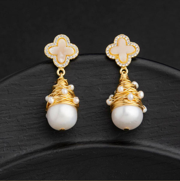 24 Carat Guaranteed Gold Plated CZ Clover With Droplet Wire Wrapped Freshwater Natural Cultural Pearl Fashion Drop Earring- PER 2127 - Trendisia