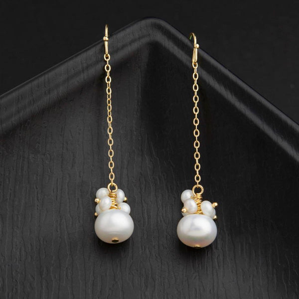 24 Carat Guaranteed Gold Plated Hanging Chain Freshwater Natural Cultural Pearl Beads Fashion Drop Earring- PER 2131 - Trendisia