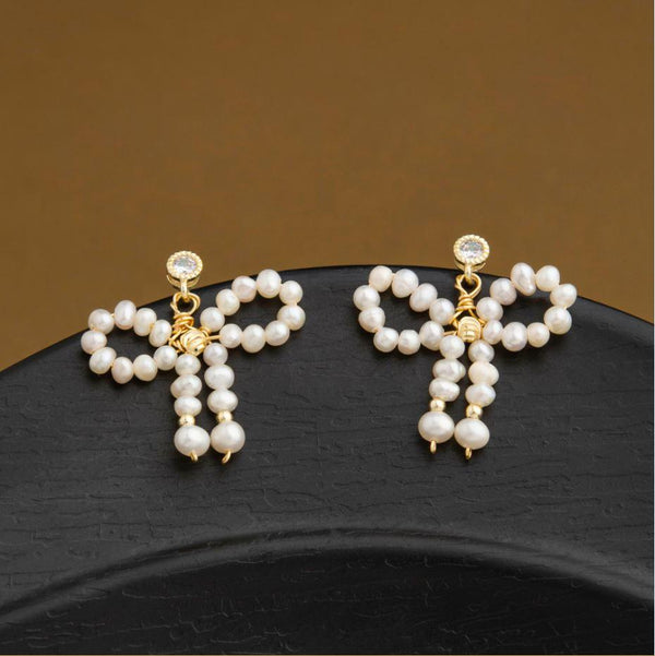 24 Carat Guaranteed Gold Plated Ribbon Style Freshwater Natural Cultural Pearl Beads Fashion Earring-PER 2107 - Trendisia