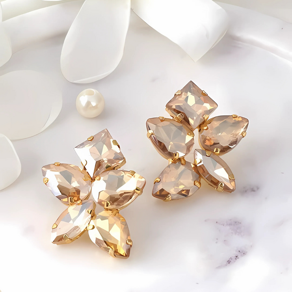 Golden Floral Crystal Stud Earrings