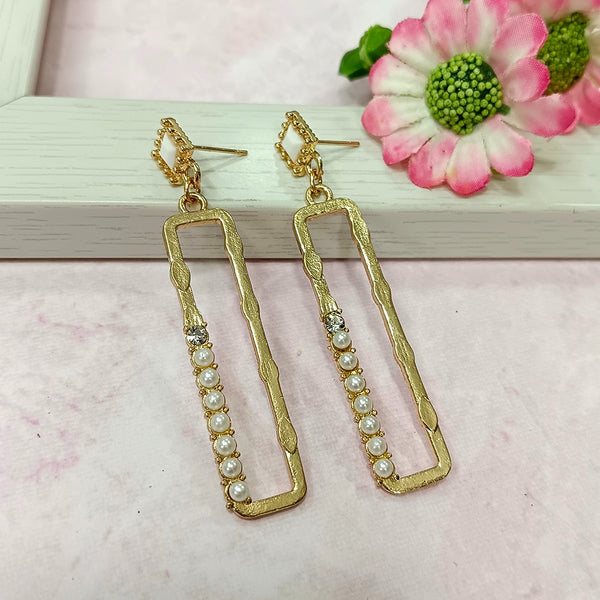 Geometric Gold Drop Earrings with Pearl and Rhinestone Accen