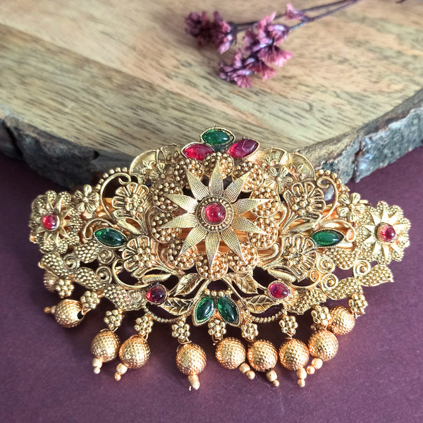 Traditional Gold-Plated Hair Barrette Clip with Floral Design and multicolor stone golden beads Danglers