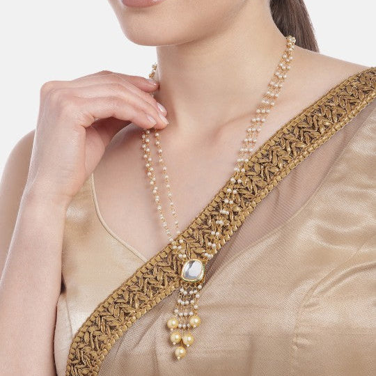 Gold-Plated Kundan & Pearl Layered Necklace Set with Matching Earrings