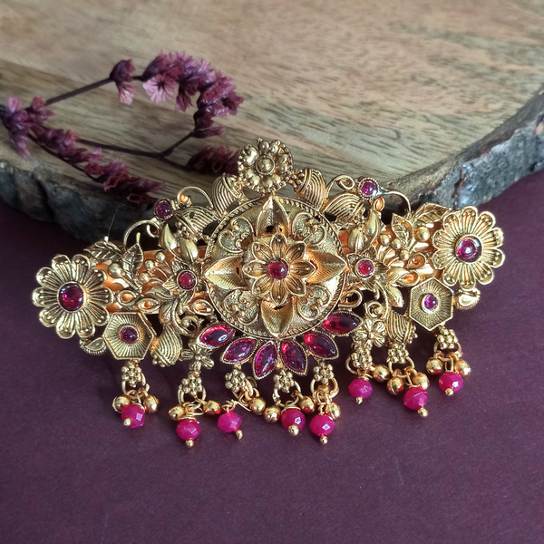 Traditional Gold-Plated Hair Barrette Clip with Floral Design and Pink stone small pink and golden beads Danglers