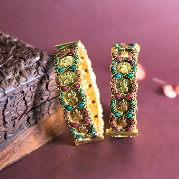 Trendisia Gold-Plated Temple Bangles with Intricate Goddess Motifs & Kemp Stones
