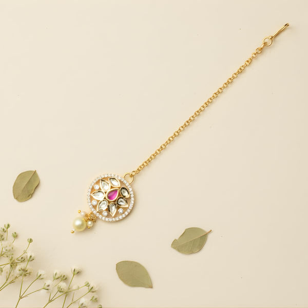 Gold Plated Kundan Maang Tikka for Women & Girls with Pink Stone & Pearl Drop | Bridal & Festive Traditional Hair Accessory