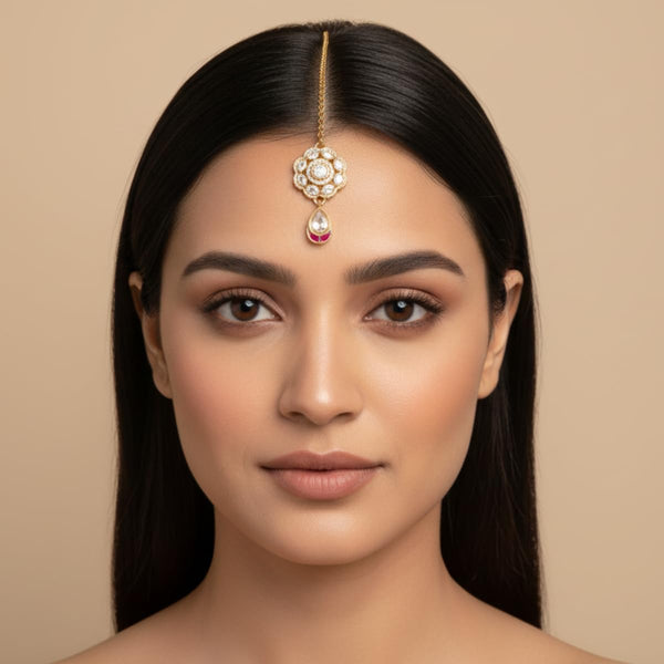 Traditional Kundan Maang Tikka for Women & Girls | Gold Plated Bridal Hair Accessory with Pearl Drop | Ethnic Wedding & Festive Jewellery