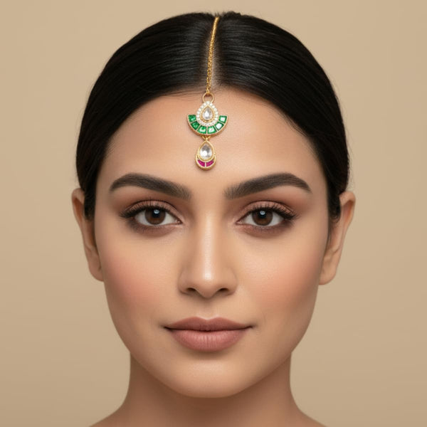 Gold Plated Kundan Maang Tikka for Women & Girls | Green & Pink Stone Traditional Hair Accessory for Wedding, Festive & Ethnic Wear