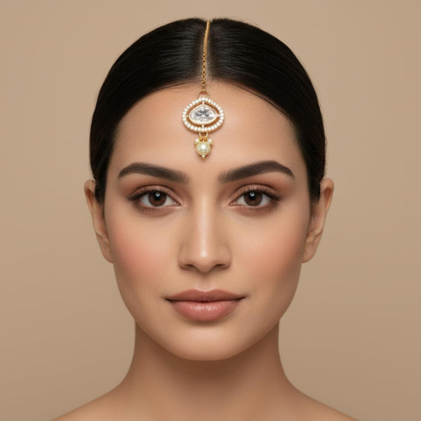 Gold Plated Kundan Maang Tikka for Women & Girls with Pearl Drop | Bridal & Festive Traditional Hair Accessory for Ethnic Wear