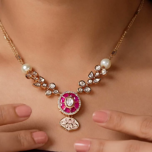 Elegant Gold-Plated Real Polki Kundan and Pearl Necklace Chain Set with Pink Enamel Work