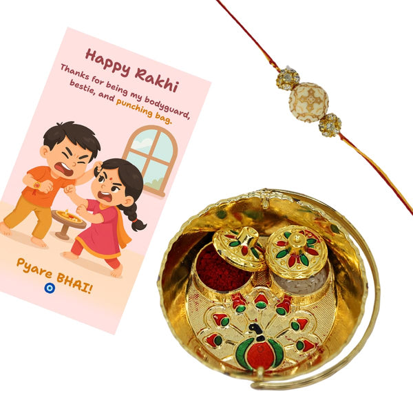 Designer Bead Rakhi with Tribal Print, Quirky Raksha Bandhan Card,kumkum & Decorative Pooja Thali (10cm)| Rakhi Gift Combo for Brother | Pyare Bhai Rakhi Set