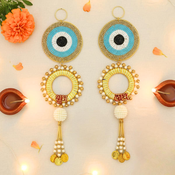 Evil Eye Shubh Labh Toran with Golden Pearl Circular Design & Tassels, Protective Decorative Door Hanging for Diwali, Pooja Room & Festive Décor