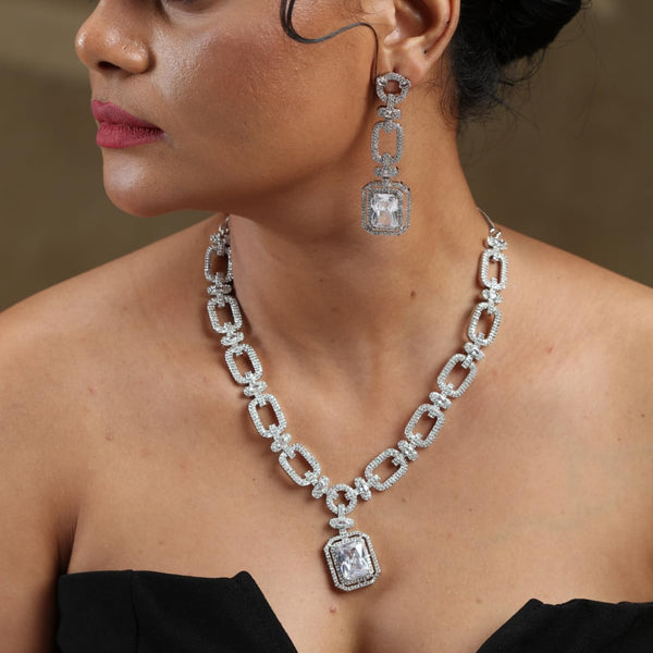 Iksava Silver Plated Interlock Chain Design American Diamonds Studded Princess Cut Statement Necklace Set for Women