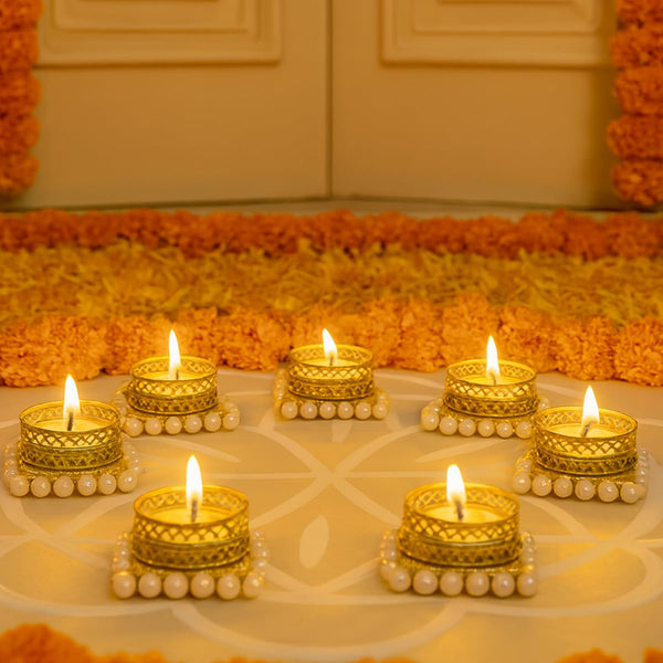Set of 7 Pearl Square Bangle Holders with Tea Light Candles | Decorative Golden Metal Tealight Holder Set for Diwali, Weddings, Pooja & Home Décor