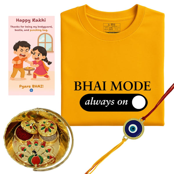 Bhai Mode Always On Rakhi Gift Combo for Brother with Evil Eye Rakhi, White Cotton T-Shirt, Card, Roli Kumkum & Thali 10x10x2cm | Raksha Bandhan Gift Set