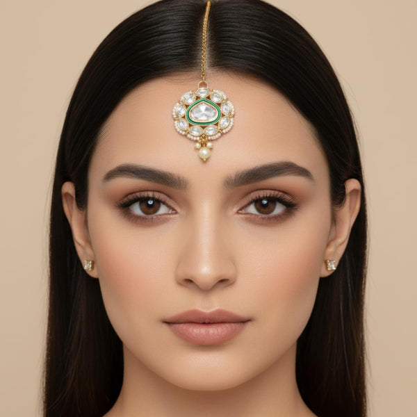 Gold Plated Kundan Maang Tikka for Women & Girls with Pearl Drop | Green Enamel Traditional Bridal & Festive Hair Accessory
