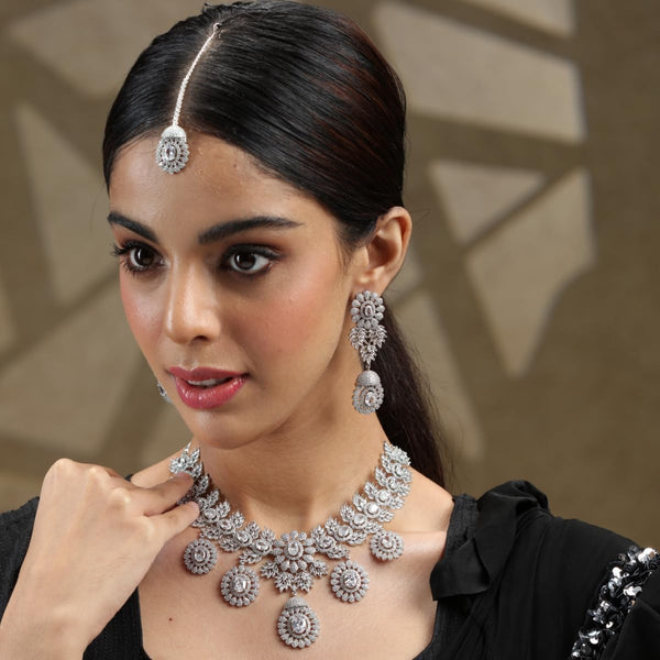 Iksava Silver Plated Chandelier Design American Diamonds Studded Statement Bridal Necklace Set for Women