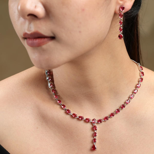 Iksava Silver Plated Pink Ruby & American Diamonds Studded Delicate Necklace with Earrings for Women