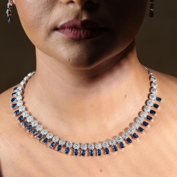 Iksava Silver Plated Blue Sapphire & American Diamonds Studded Minimal Necklace Set with Earrings for Women