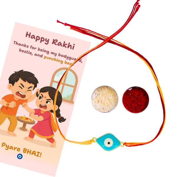 Evil Eye Rakhi with Quirky Raksha Bandhan Card, Roli & Chawal | Rakhi Combo with Fun Card