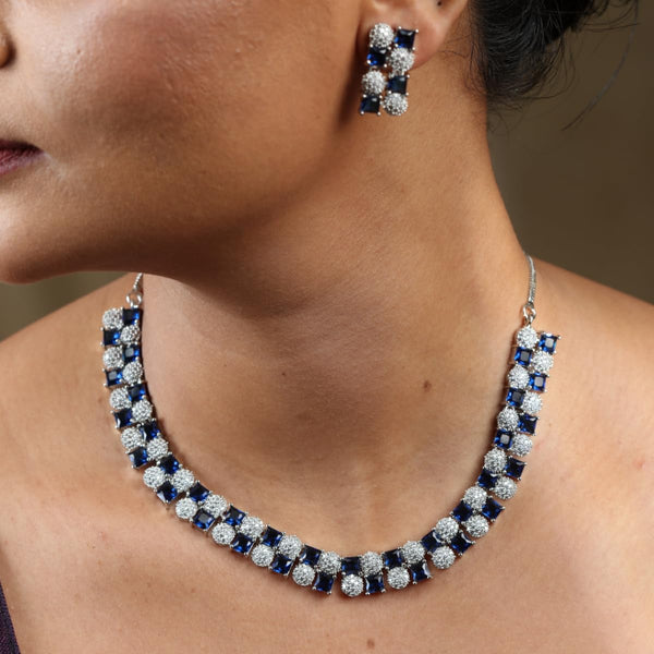 Iksava Silver Plated Blue Sapphire American Diamonds Studded Minimal Necklace Set with Earrings for Women