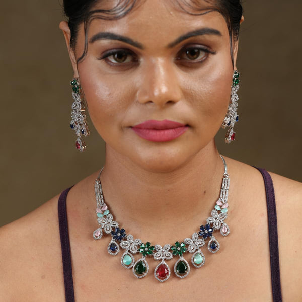 Iksava Silver Plated Floral Design American Diamonds Studded Multicolour/Navratna Necklace Set for Women