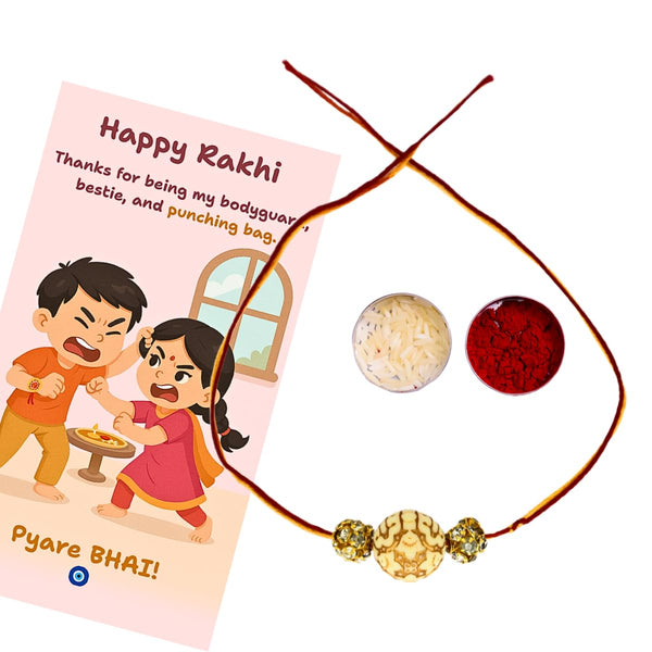 Designer Bead Rakhi with Tribal Print, Quirky Raksha Bandhan Card, Roli & Chawal | Rakhi Gift Combo for Brother | Pyare Bhai Rakhi Set