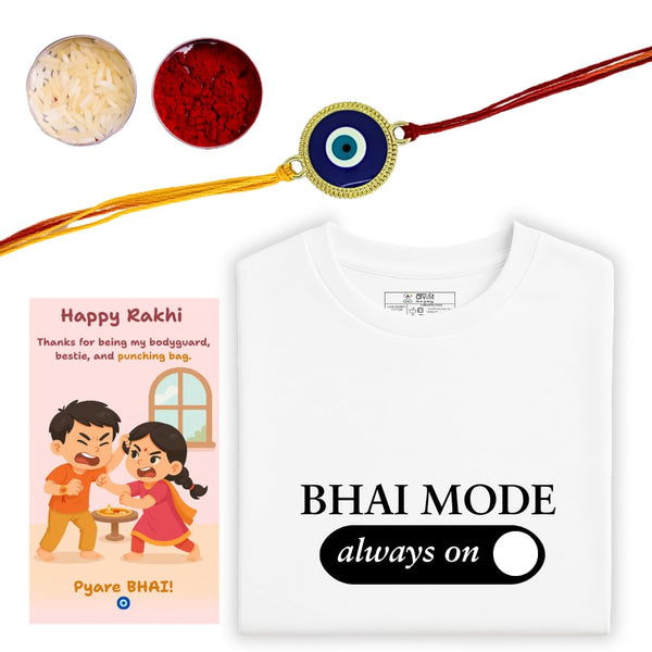 Bhai Mode Always On Combo with Evil Eye Rakhi,Cotton T-Shirt, Roli Kumkum & Festive Card | Raksha Bandhan Gift for Brother