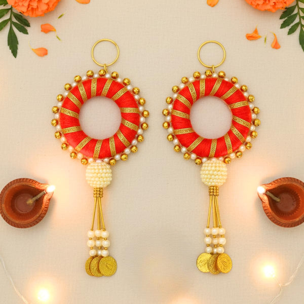 Orange & Golden Decorative Toran with Pearl Tassels and Golden Leaf Hangings, Traditional Door Hanging for Diwali, Pooja Room & Festive Wall Décor