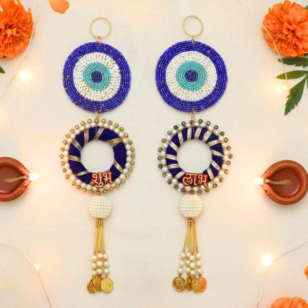 Blue Evil Eye Shubh Labh Toran with Pearl Tassels & Golden Coin Hangings, Decorative Door Hanging for Diwali, Pooja Room & Festive Wall Décor