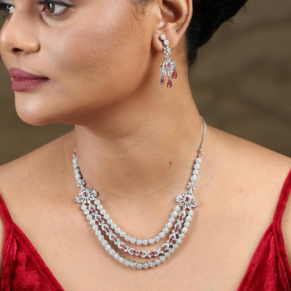 Iksava Silver Plated Pink Ruby & American Diamonds Studded Statement Bridal Necklace Set with Earrings
