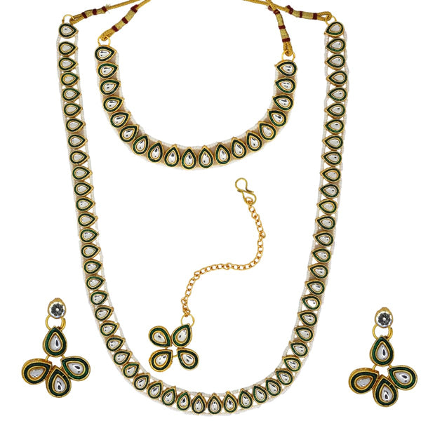 Traditional Boond Shape Green Kundan Necklace Set with Earrings & Maang Tikka for Women | Wedding & Festive Jewellery