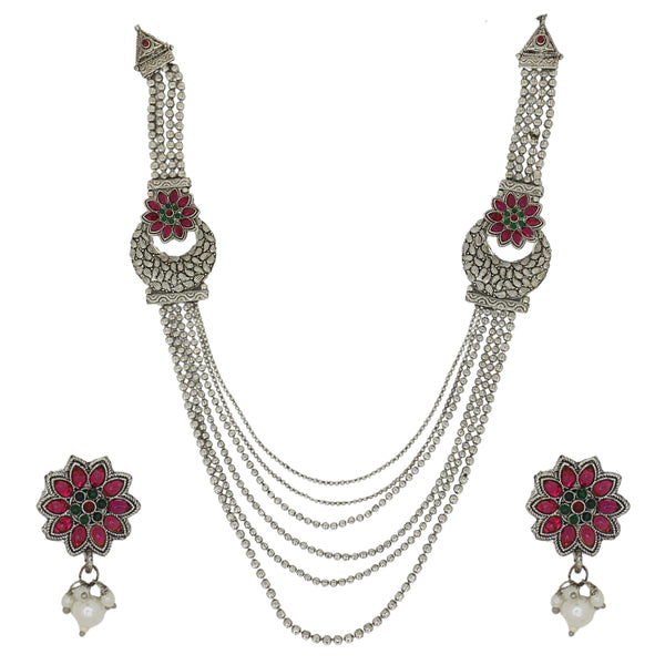 Oxidised Silver Layered Necklace Set with Earrings for Women | Floral Design Temple Jewellery for Wedding