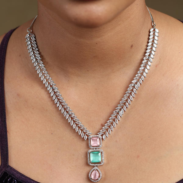 Iksava Silver Plated Pastel Green & Pink American Diamond Necklace Set for Women