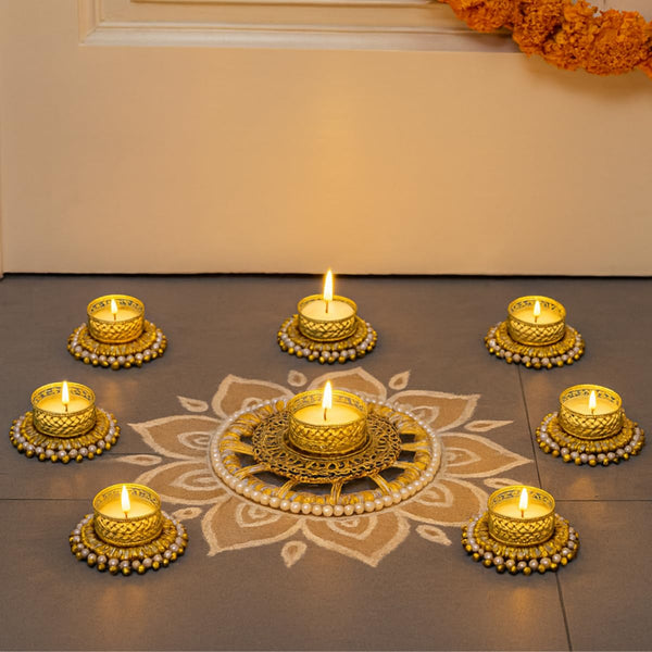8-Piece Festival Tealight Holder Combo | 7 Gold & White Pearl Bangle Holders & 1 Sunshine Pearl Holder with Tea Light Candles for Diwali, Weddings & Pooja