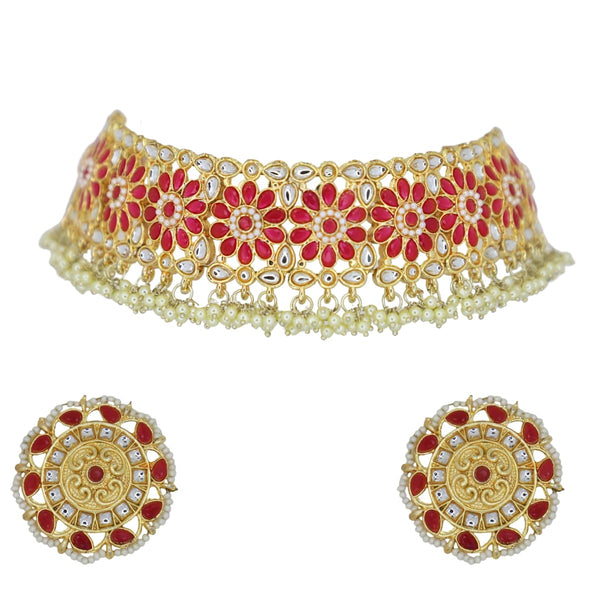 Gold-Plated Floral Choker Necklace Set with Earrings for Women | Kundan & Pearl Bridal Jewellery for Weddings & Festivals