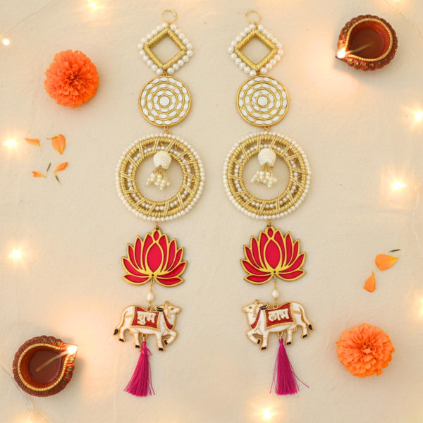 Grand Multi-Layer Shubh Labh Toran with Pearl, Lotus & Cow Motifs, Decorative Door Hanging with Tassels for Diwali, Wedding & Festive Wall Décor