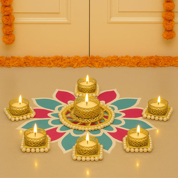 Set of 7 Tealight Holders | 6 Pearl Square Bangle Holders & 1 Sunshine Pearl Holder with Tea Light Candles for Diwali, Weddings & Home Décor